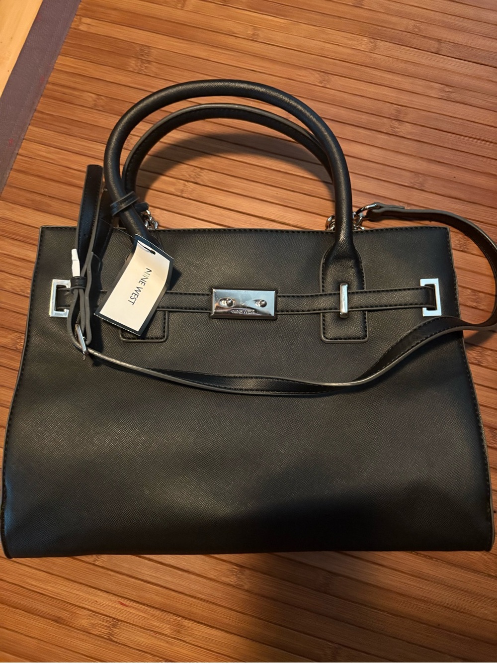 Nine West Black Structured Satchel with Silver-Tone Hardware